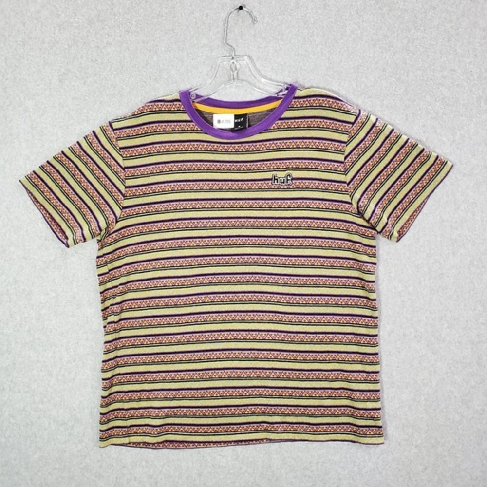 HUF Men Shirt Medium Purple Geometric Striped Allen Knit Tee Logo Embroidered